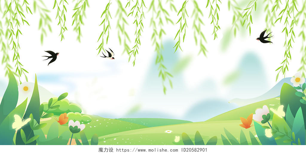 绿色中国风植物花朵柳树清明节燕子春天展板背景